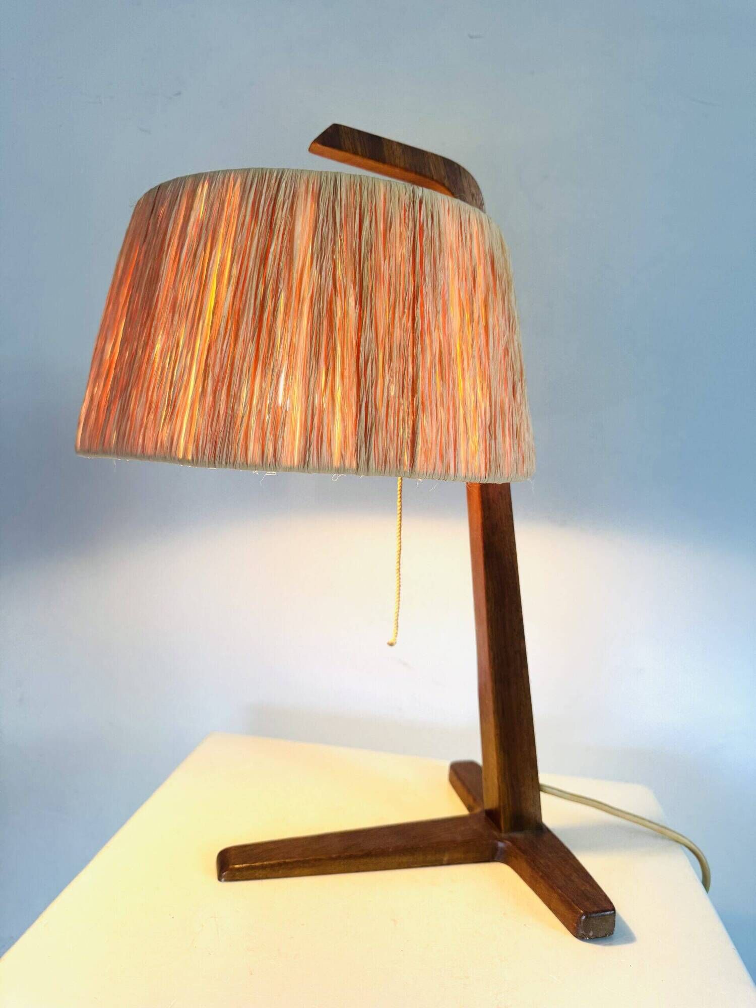 Natural Fibre & Teak Wood Table Lamp By Ib Fabiansen For Fog & Mørup, Denmark 1950S