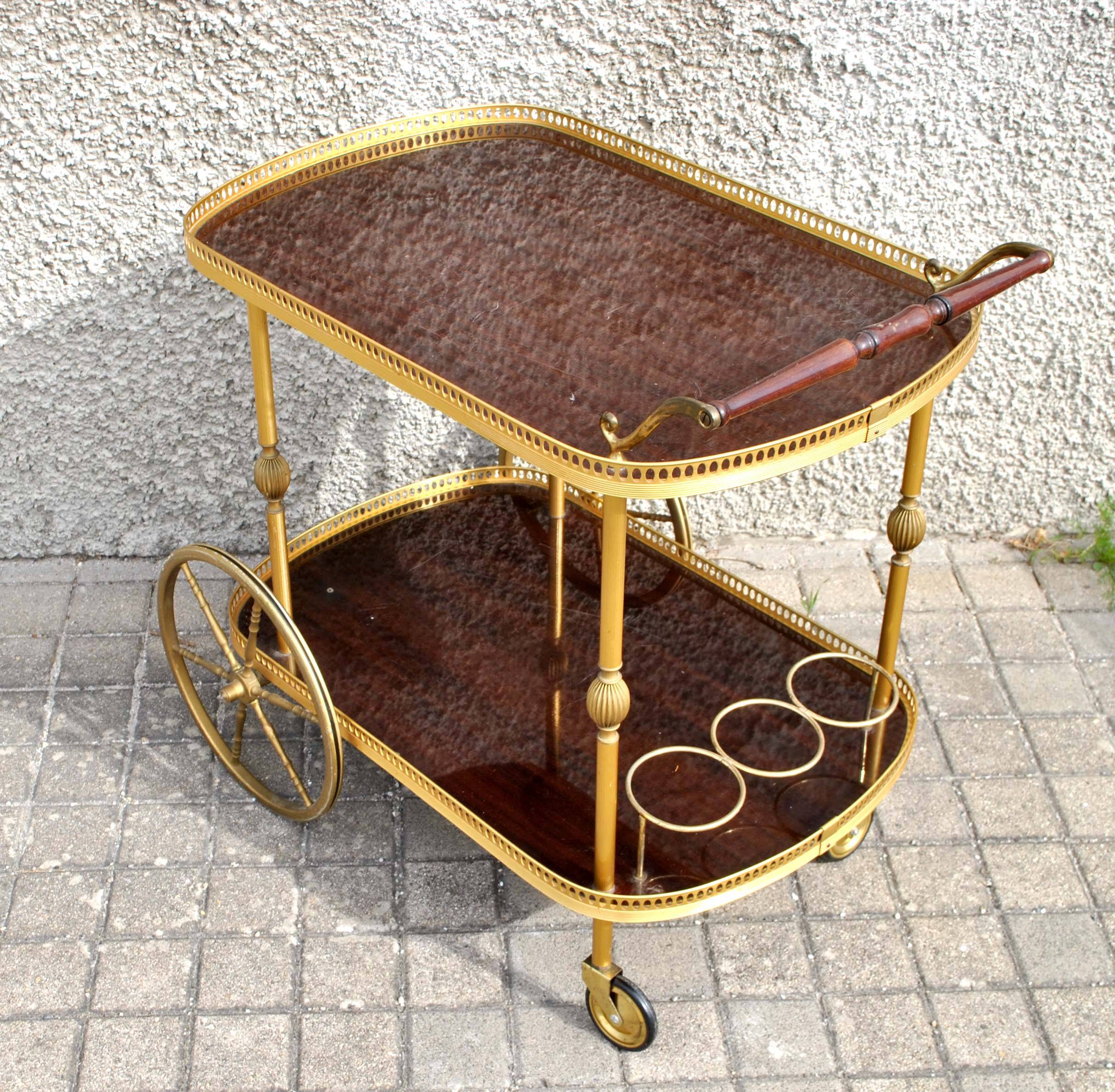 Vintage bar trolley in matte gold metal and melamine 1960