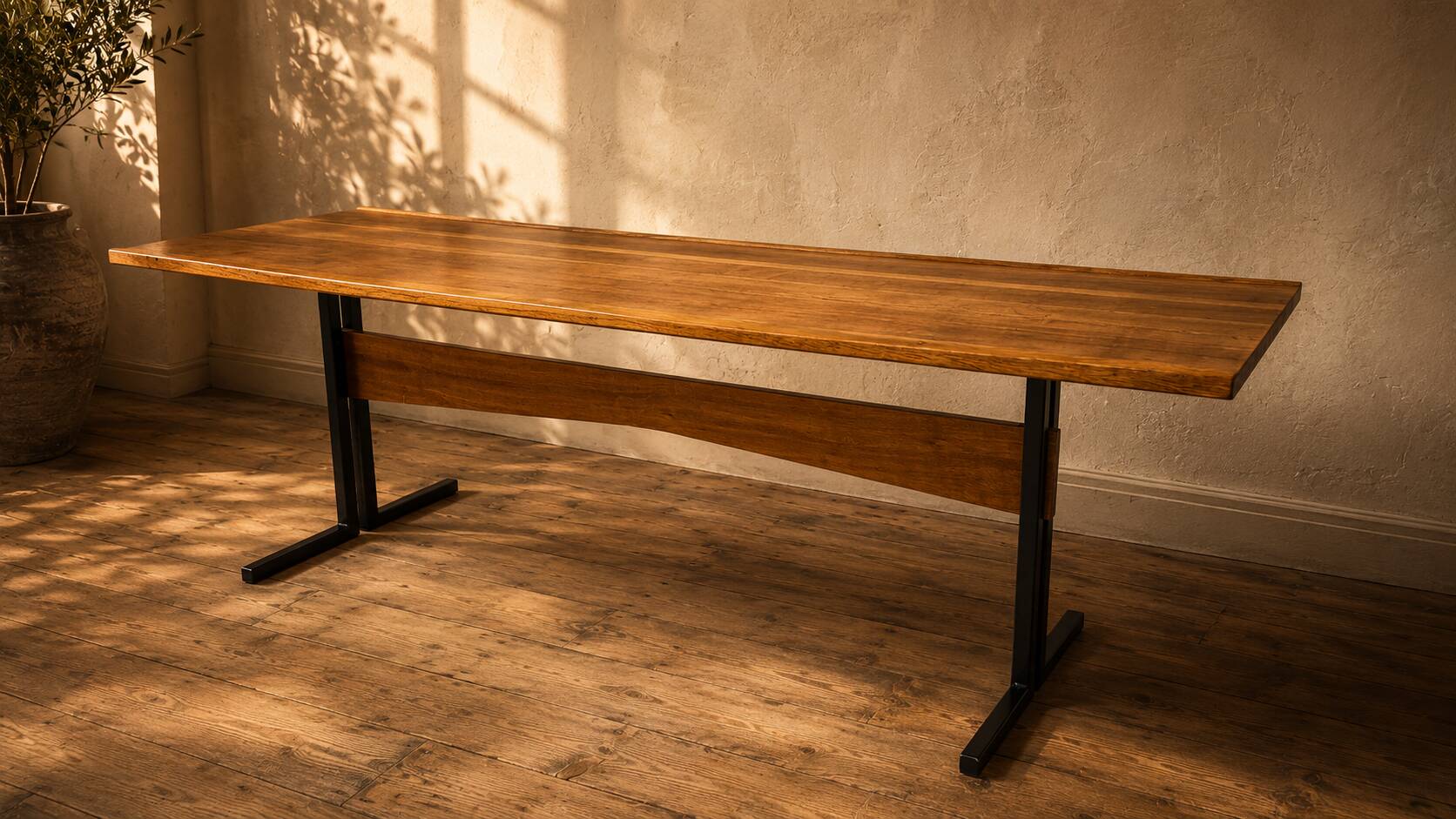 Vintage rectangular coffee table with a wooden top and black metal base, 1960s.