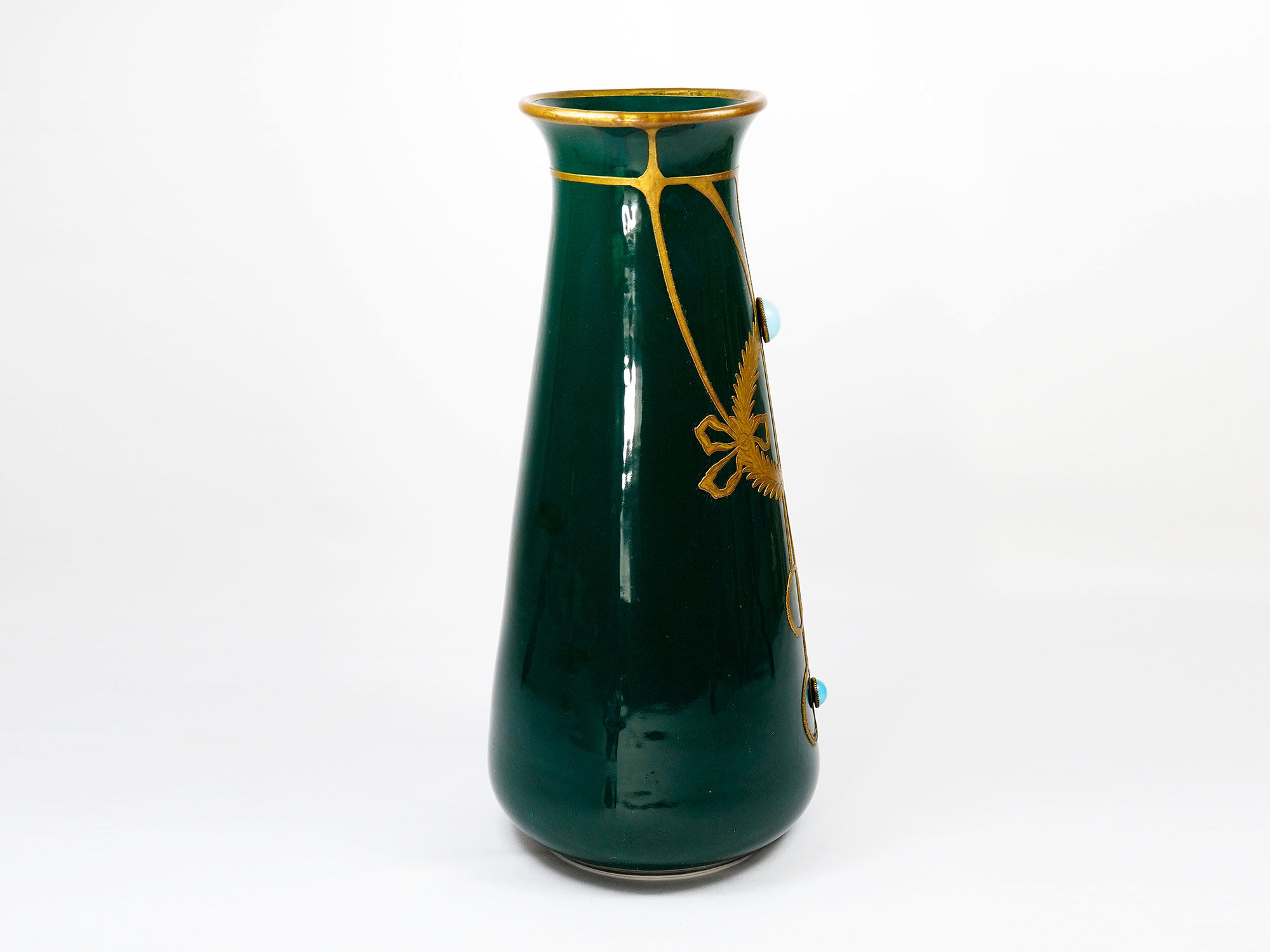 Antique secession vase in ceramic green glaze with copper & turquoise-1900s