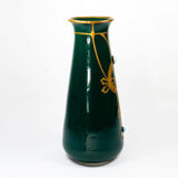 Antique secession vase in ceramic green glaze with copper & turquoise-1900s