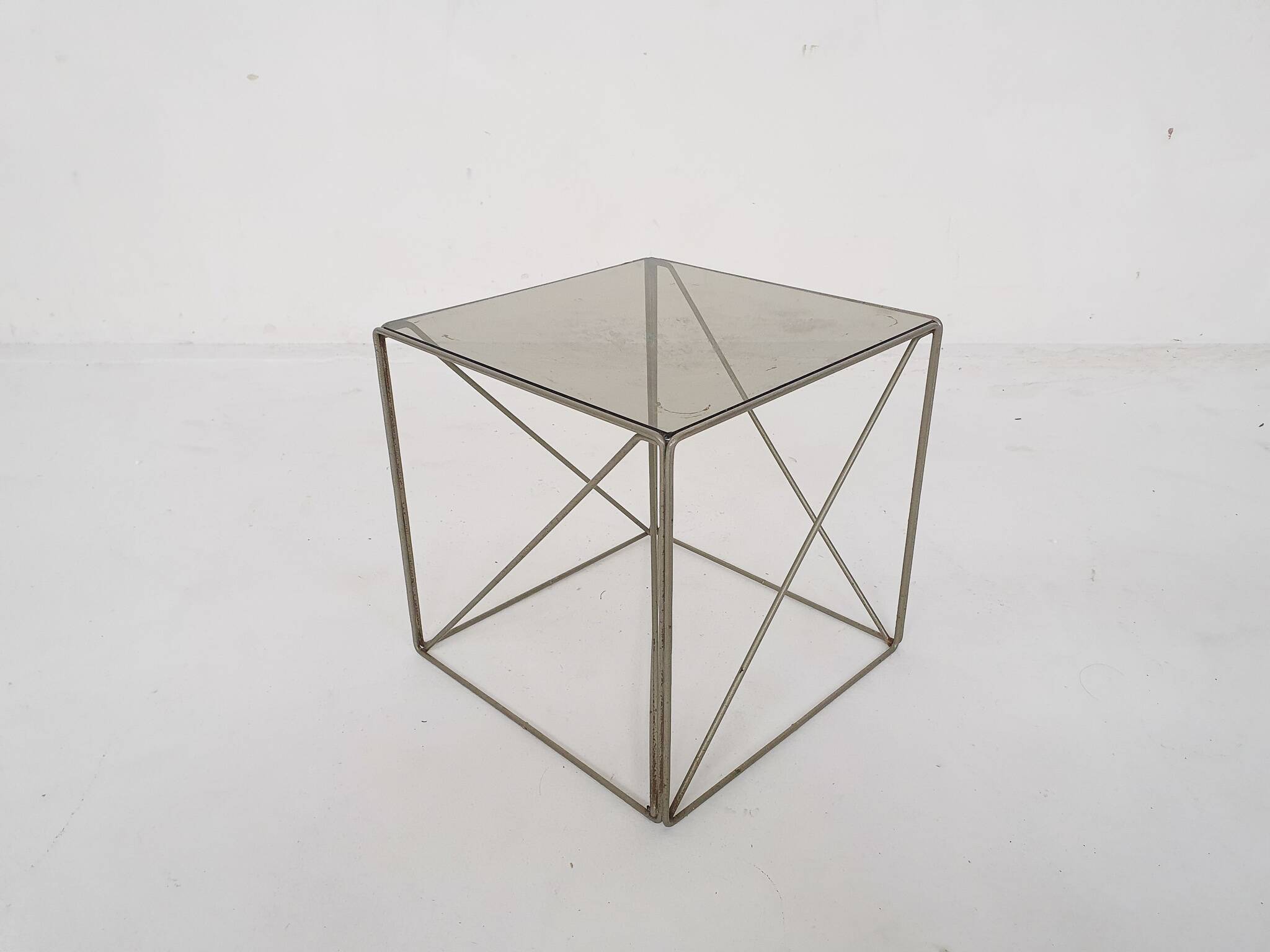 Rare metal and glass side table by Max Sauze, Isocele, France 1960's