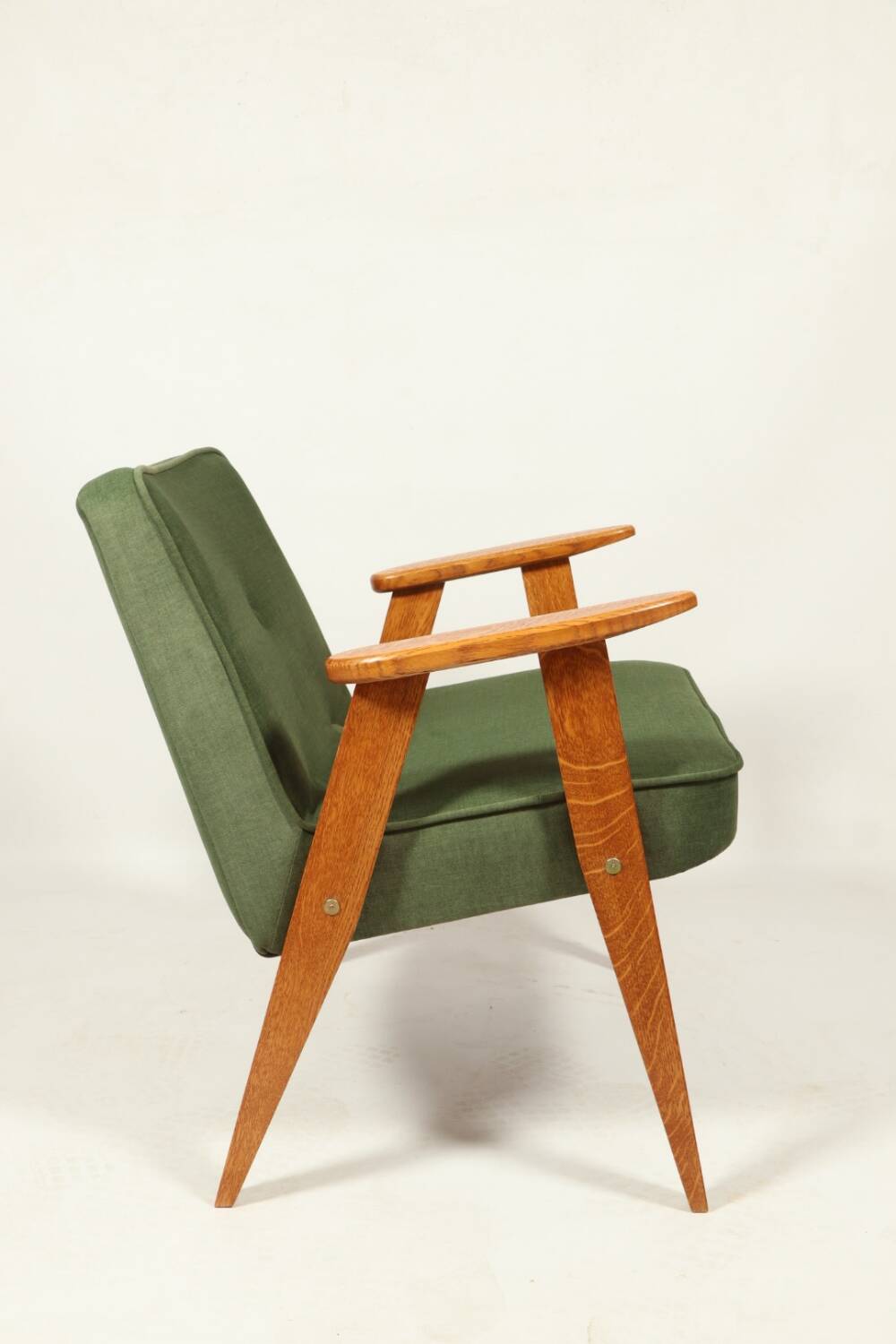Fauteuil vintage moderne chêne clair vert royal 1962 design par Chierowski