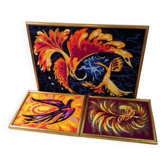 Set of 3 phoenix canvases - Lurçat style