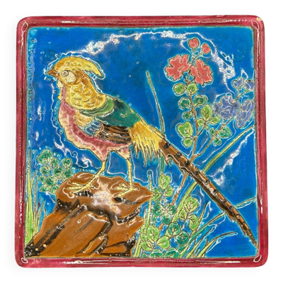 Dessous de plat en émaux cloisonnés de Longwy - décor faisan