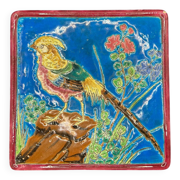 Dessous de plat en émaux cloisonnés de Longwy - décor faisan