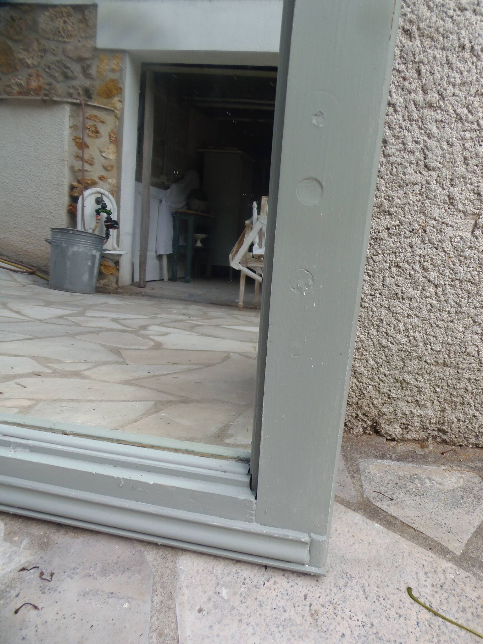Antique mirror, painted trumeau in grey-green.