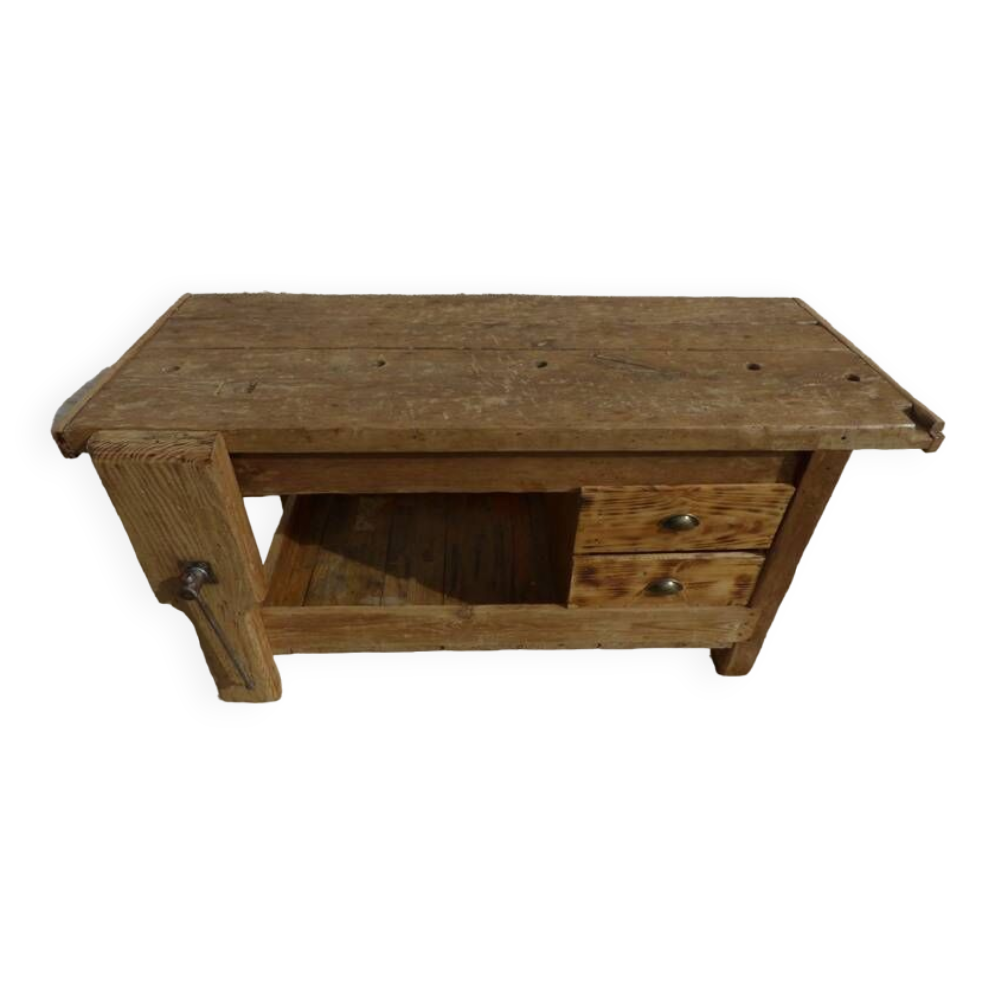 Large workbench with press, 2 drawers and storage tray - Totally sanded and varnished