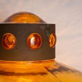 Pair of brass wall lamps with decorated amber coloured shades