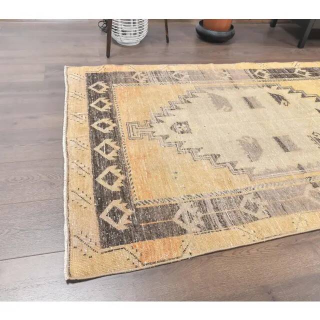 Vintage Gold-Beige Turkish Hand-Knotted Hallway Runner 115x419