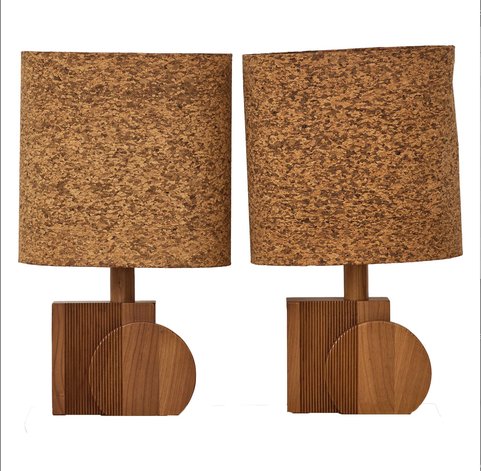 Pair of handcrafted lamps in solid oak with cork shades, circa 1970