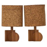 Pair of handcrafted lamps in solid oak with cork shades, circa 1970