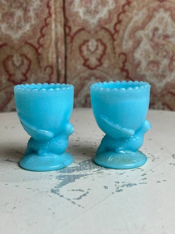 Pair of blue opaline egg cups signed SV Schmid Glassworks