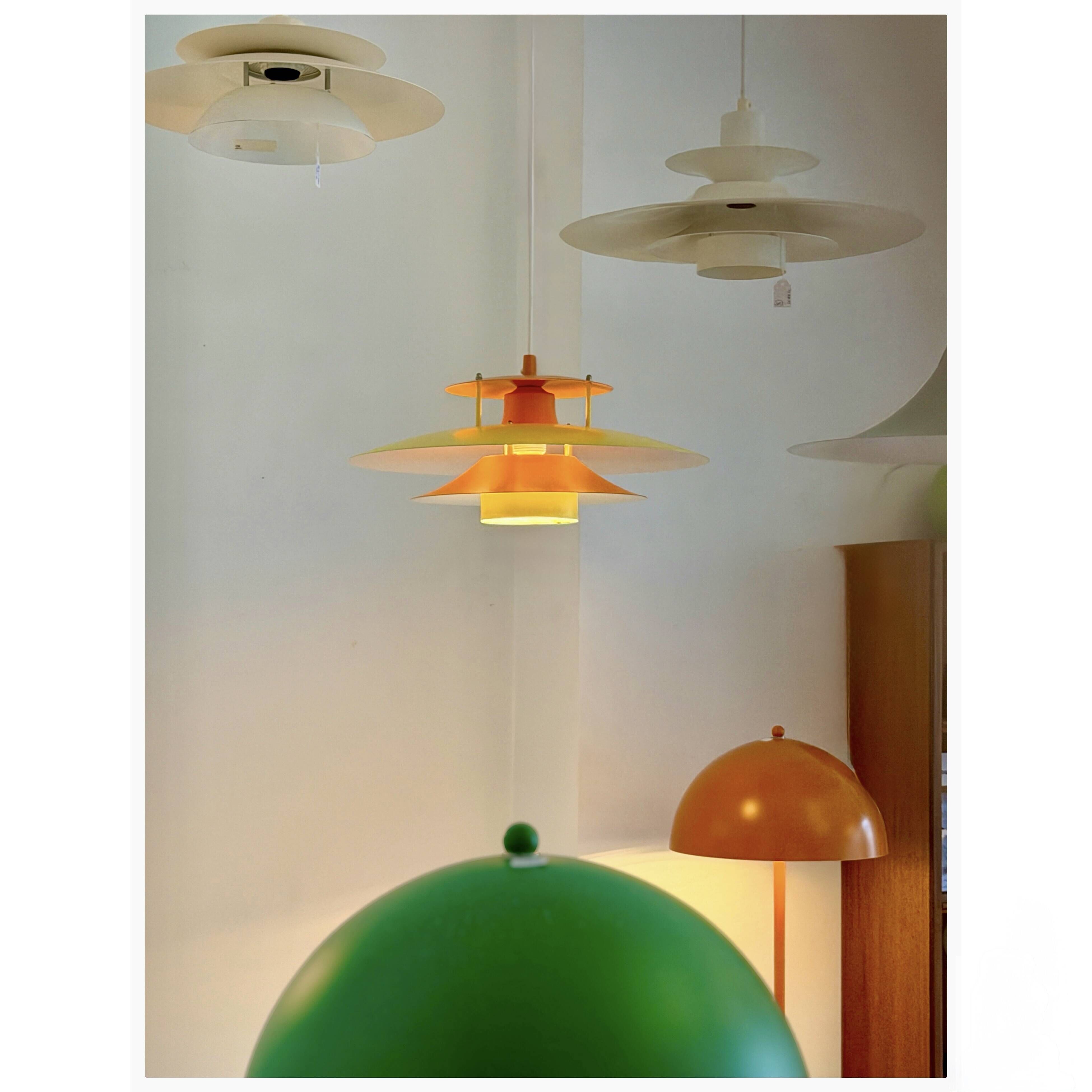 Vintage Danish metal pendant light in orange and yellow – 1970s