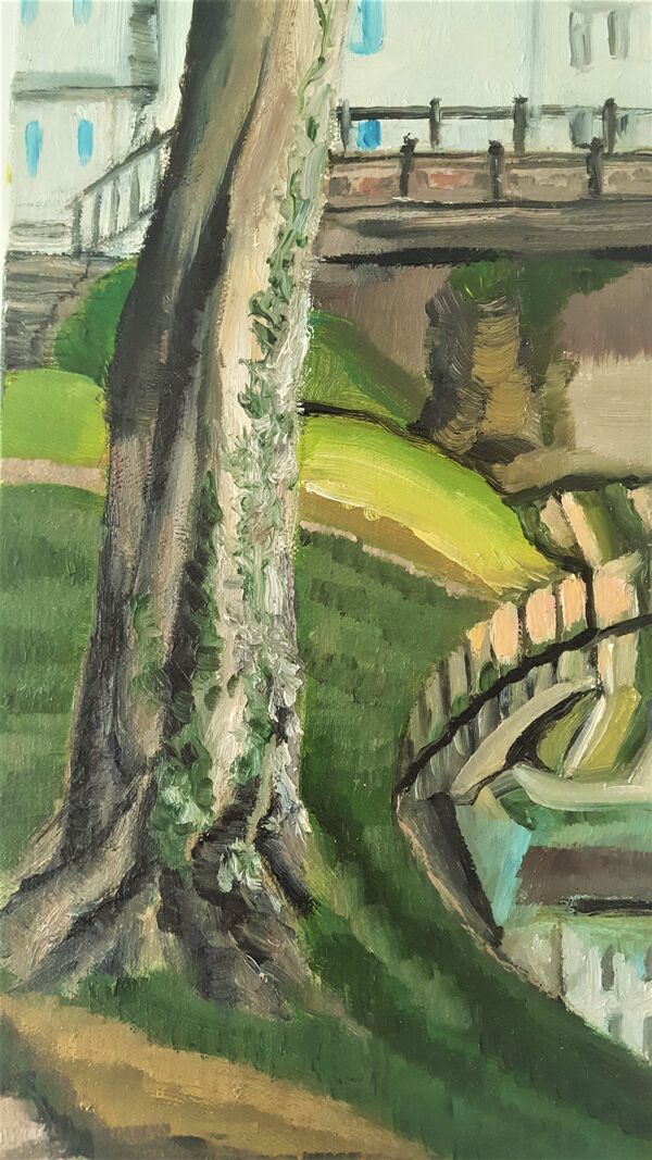 « Le Petit Pont », huile sur toile signée P. Berton