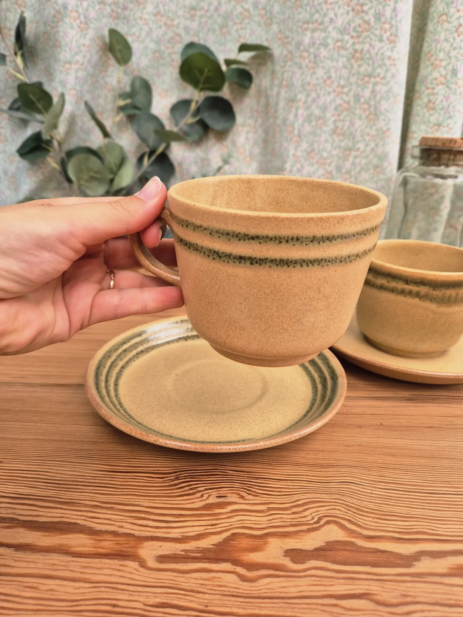 Two vintage Sarreguemines stoneware breakfast cups.
