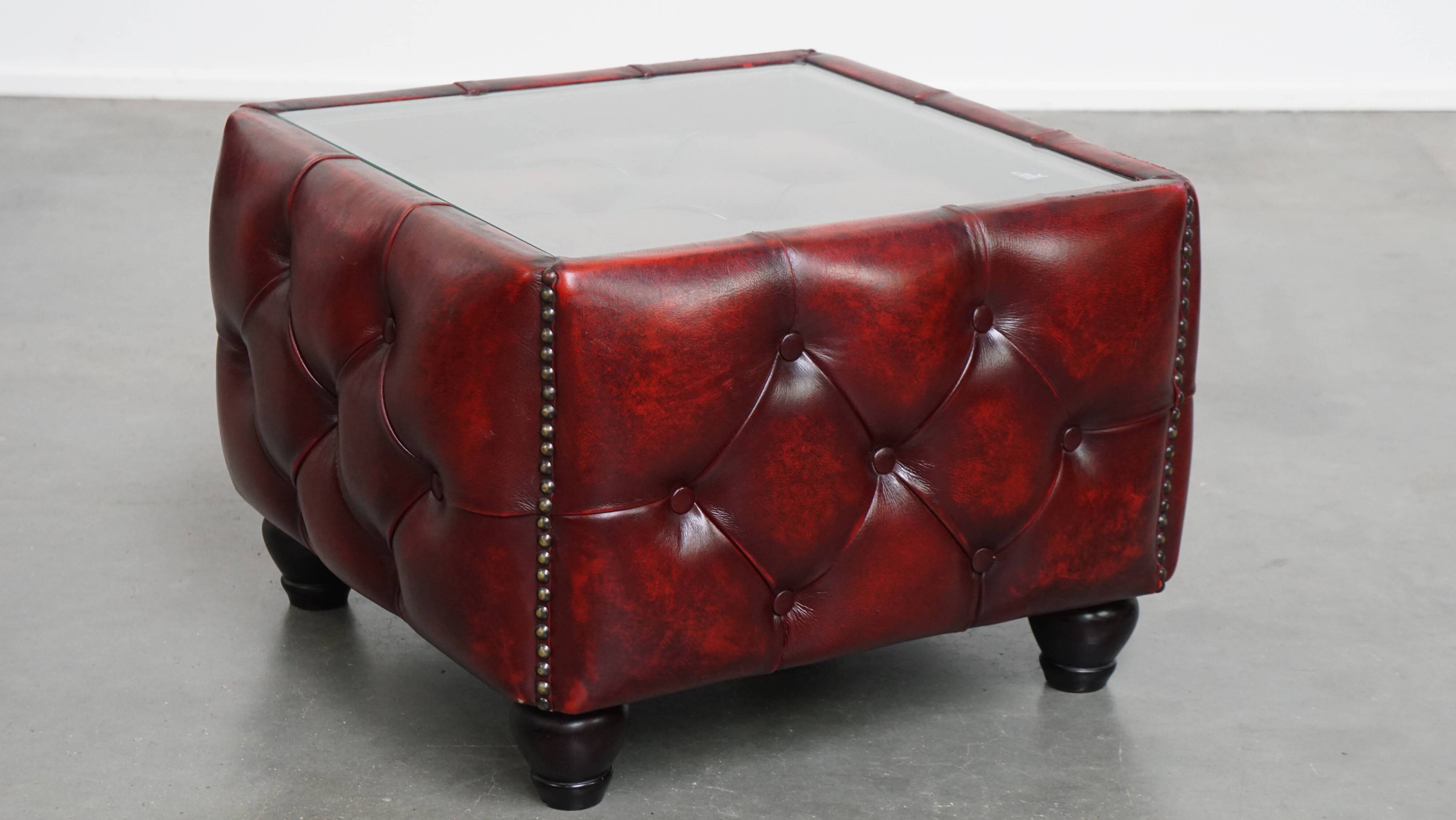 Set of a Red Cowhide Leather Chesterfield Club Chair and Side Table