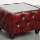 Set of a Red Cowhide Leather Chesterfield Club Chair and Side Table
