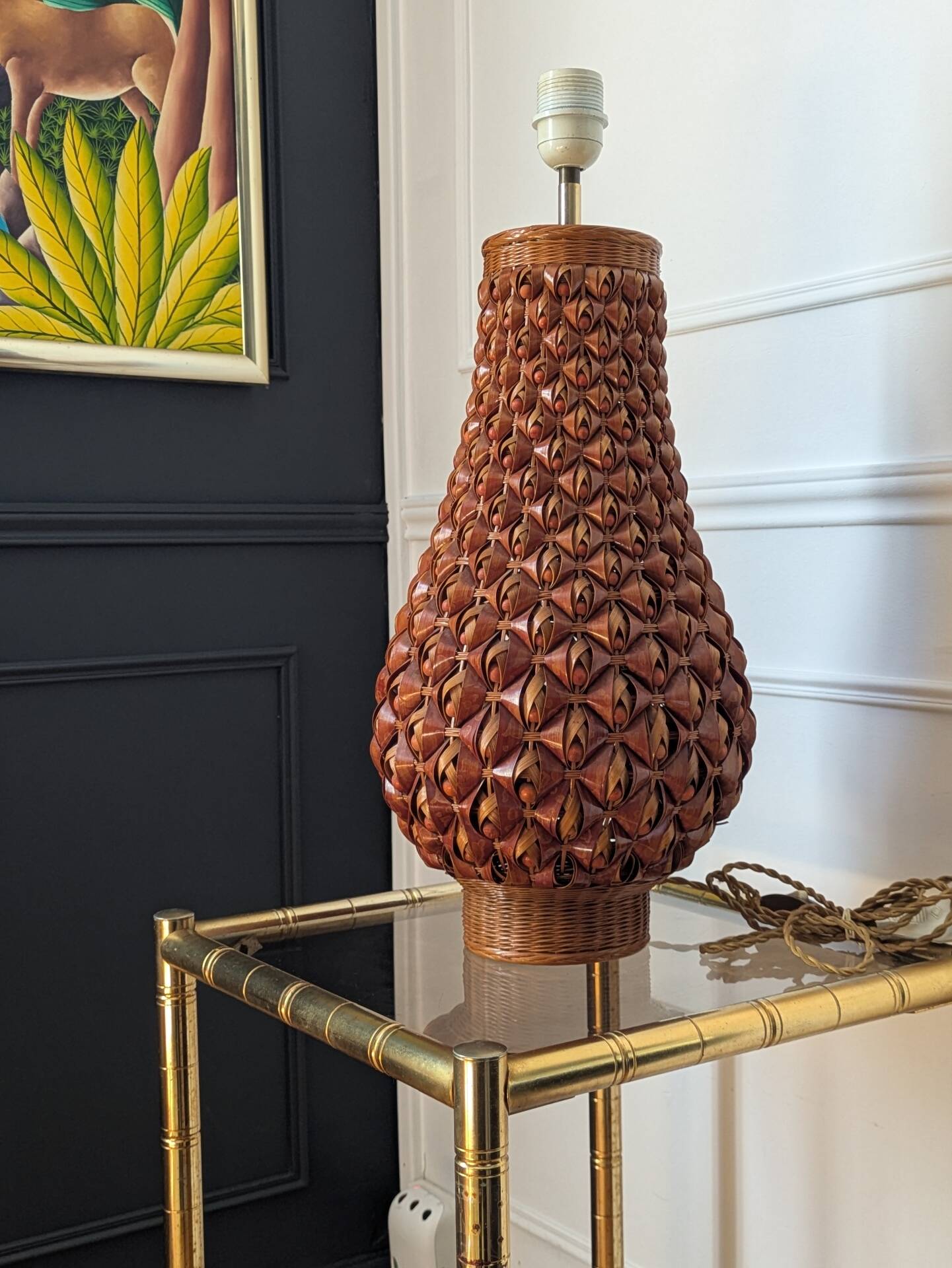 Large vintage woven lamp base in Riviera/Boho style from the 1970s.