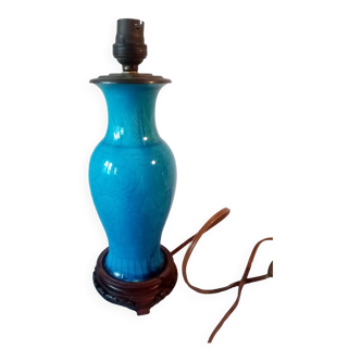 Ancienne lampe en porcelaine chinoise decor floral email bleu turquoise