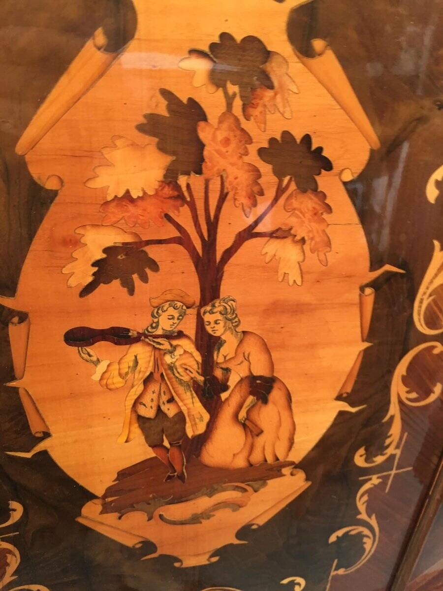 Vintage Italian brown wooden cocktail bar cabinet with inlaid marquetry from the 1950s.