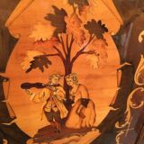 Vintage Italian brown wooden cocktail bar cabinet with inlaid marquetry from the 1950s.