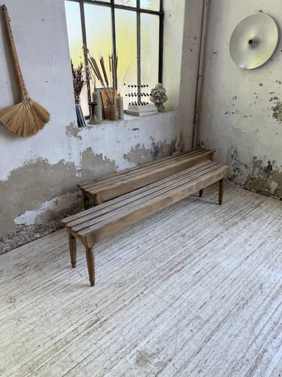 Pair of 1950 benches with oak and beech slats