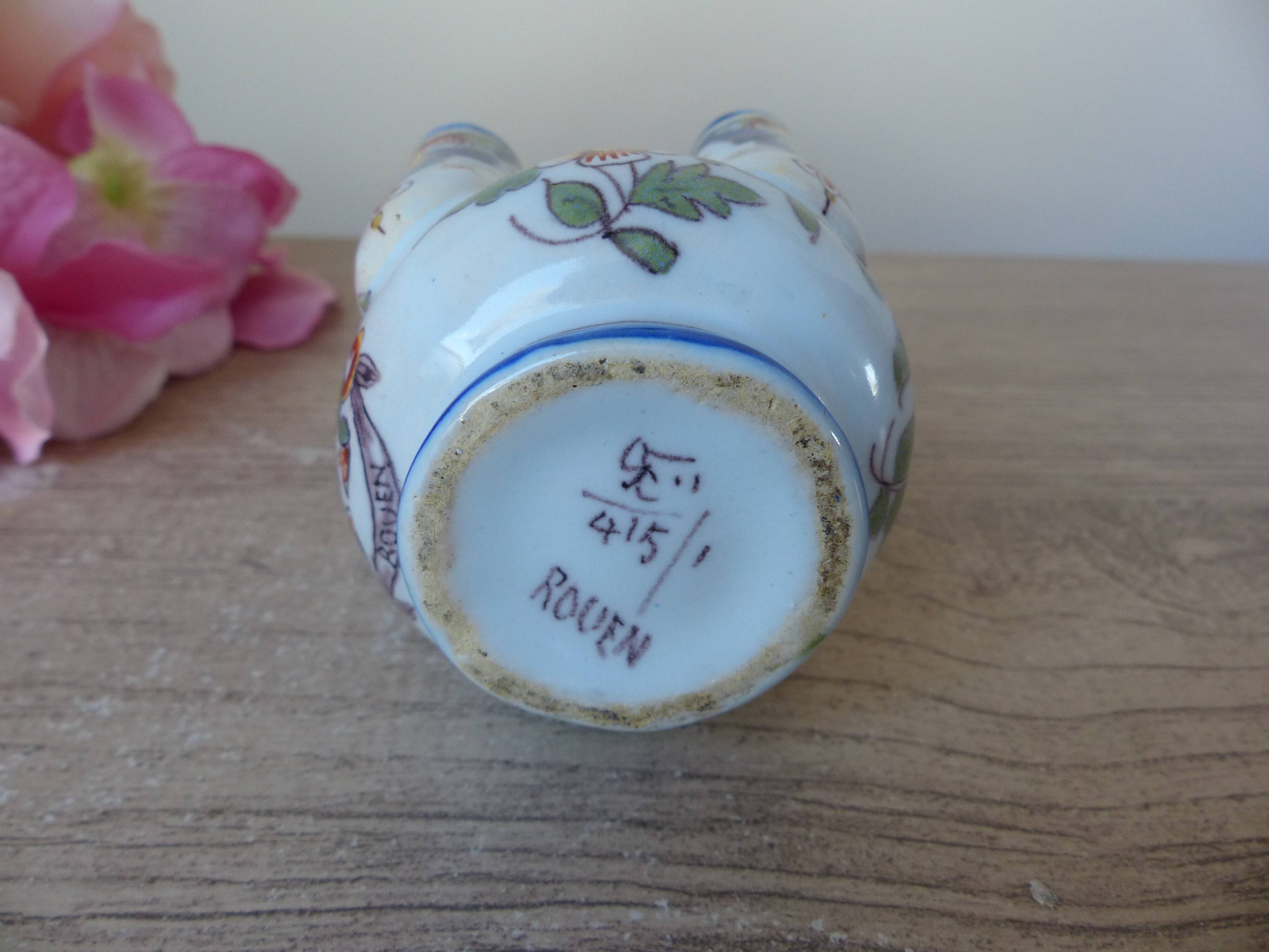 Old small flower vase, Rouen earthenware, hand-painted, miniature vase