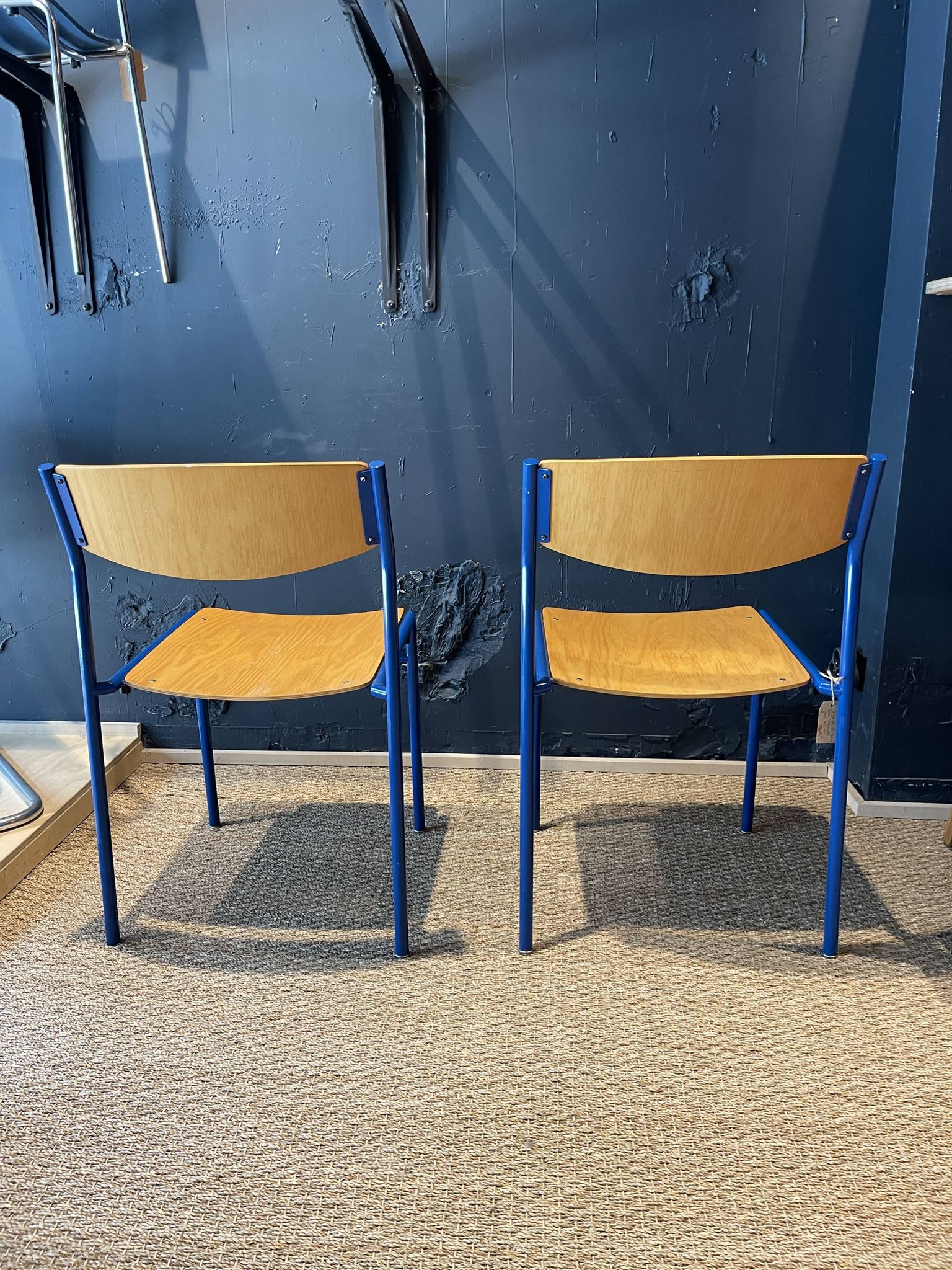 Pair of Gijs Van Der Sluis chairs in wood and blue legs from the Netherlands, 1970s