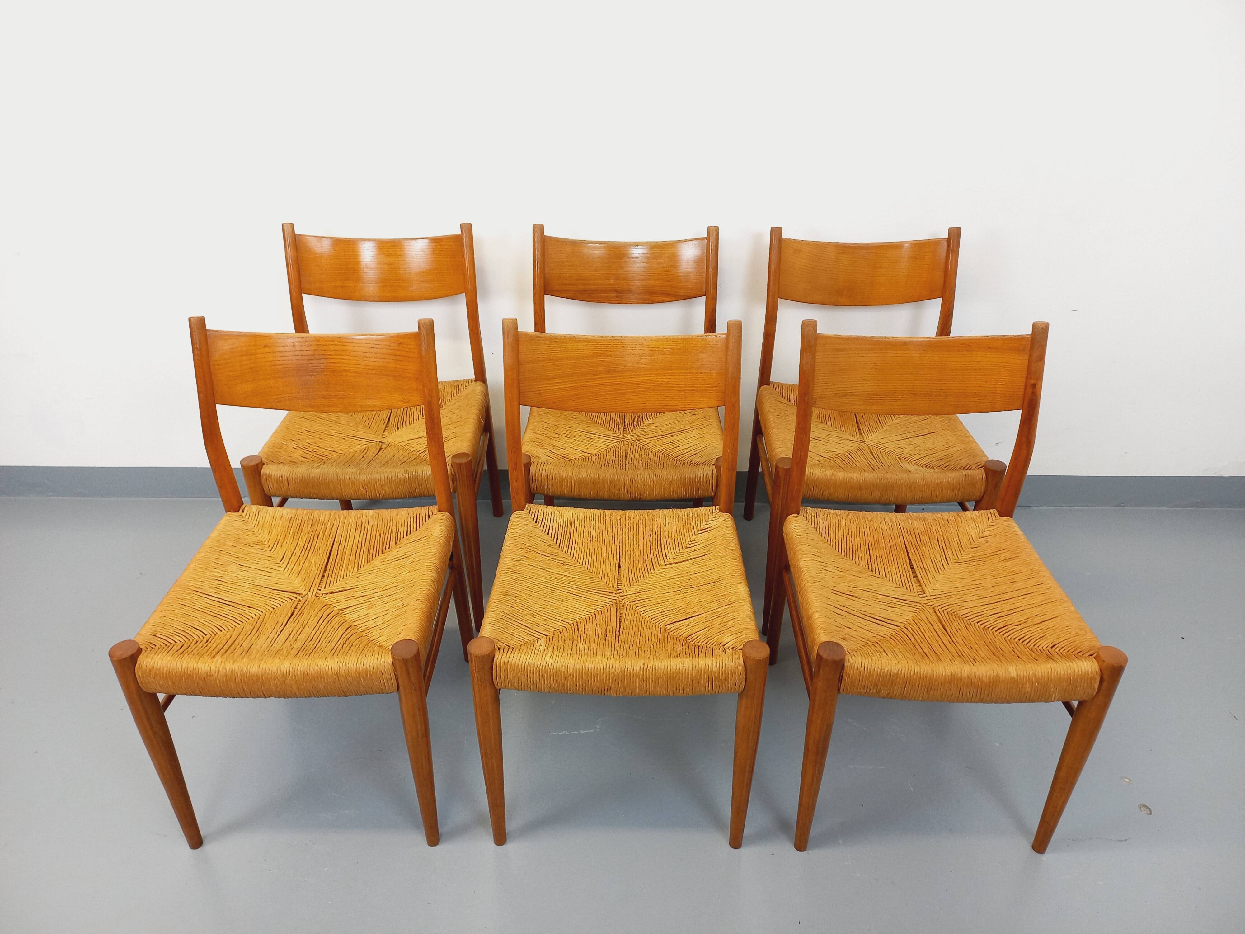 Set of 6 vintage teak Danish rope chairs Gessef Consorzio Sedie Friuli