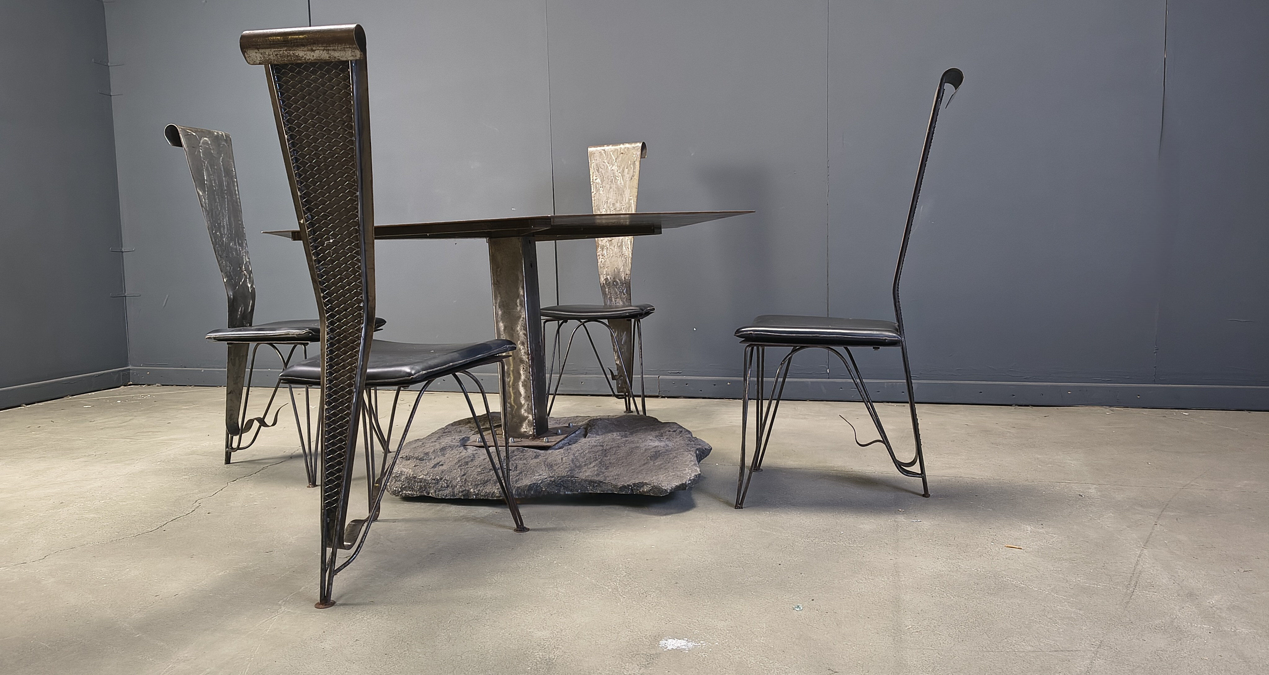 Hand crafted steel and stone dining set, 1970s