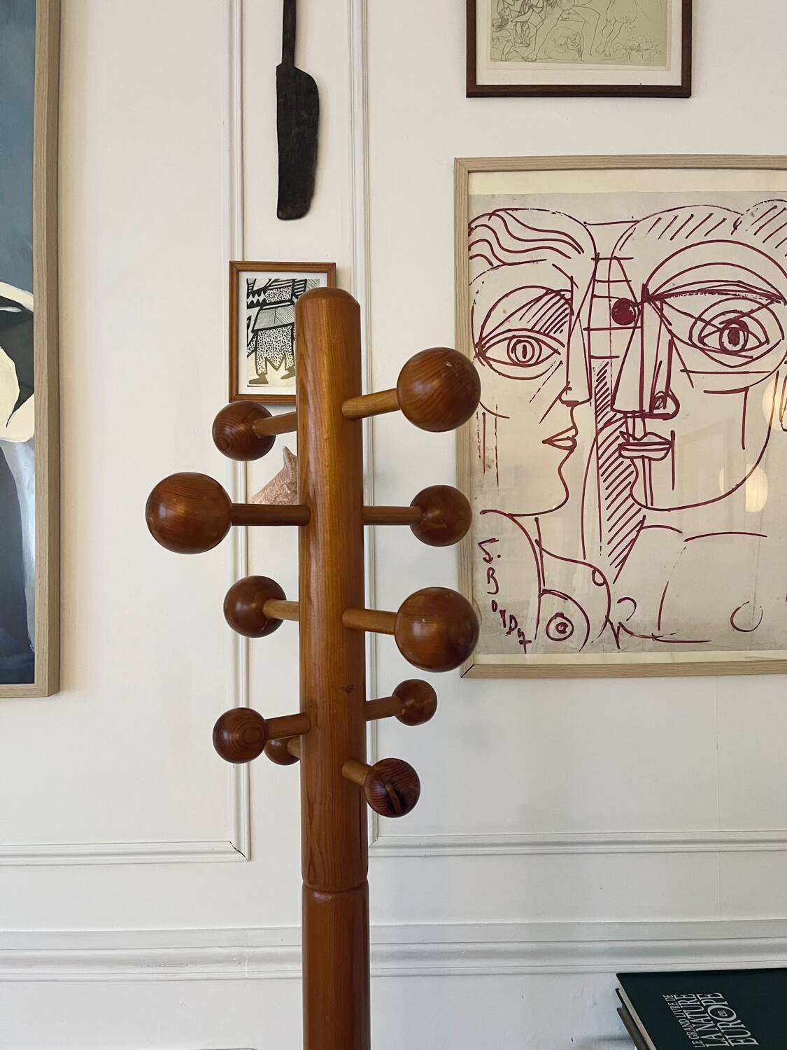 Pine coat rack with 10 hooks, 1970s.