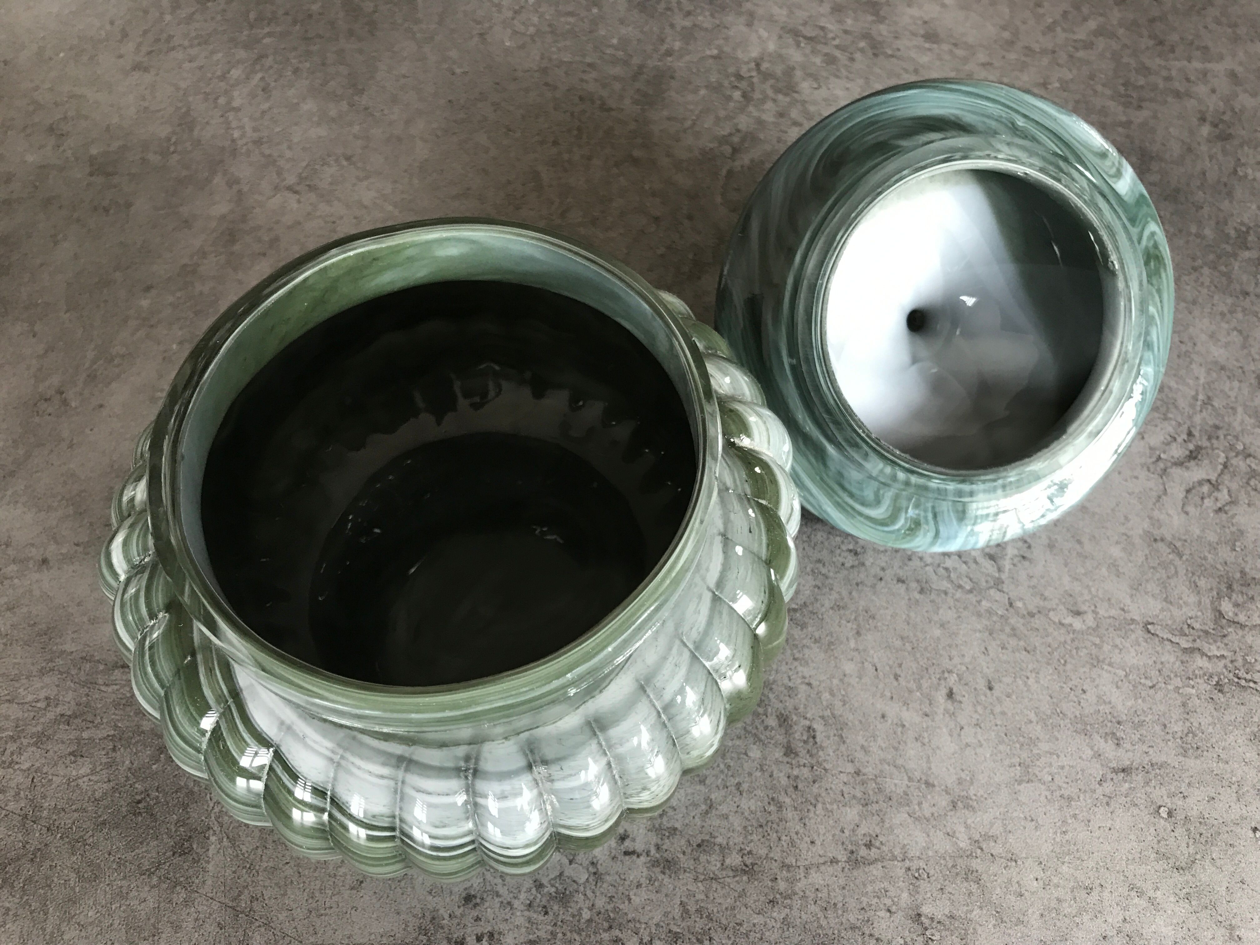 Old candy pot in glass molded effect green and white 12.5 cm