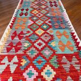 Afghan hallway kilim carpet colored red orange multicolor