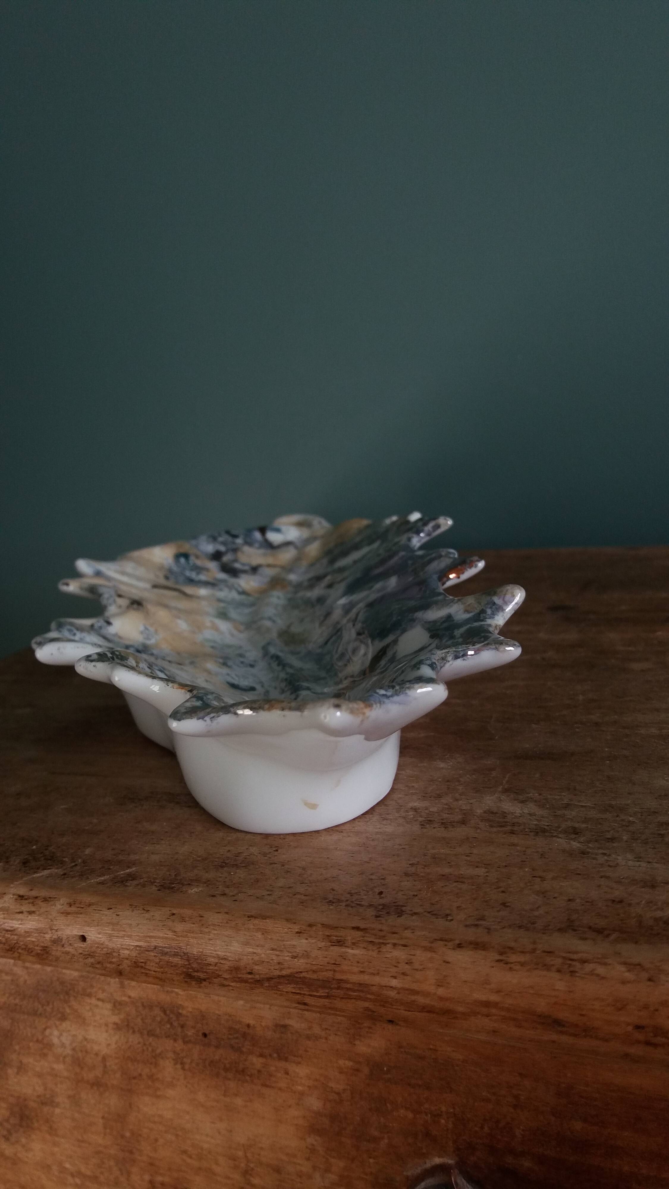 Iridescent enamelled leaf catchall, signed Gfredy.