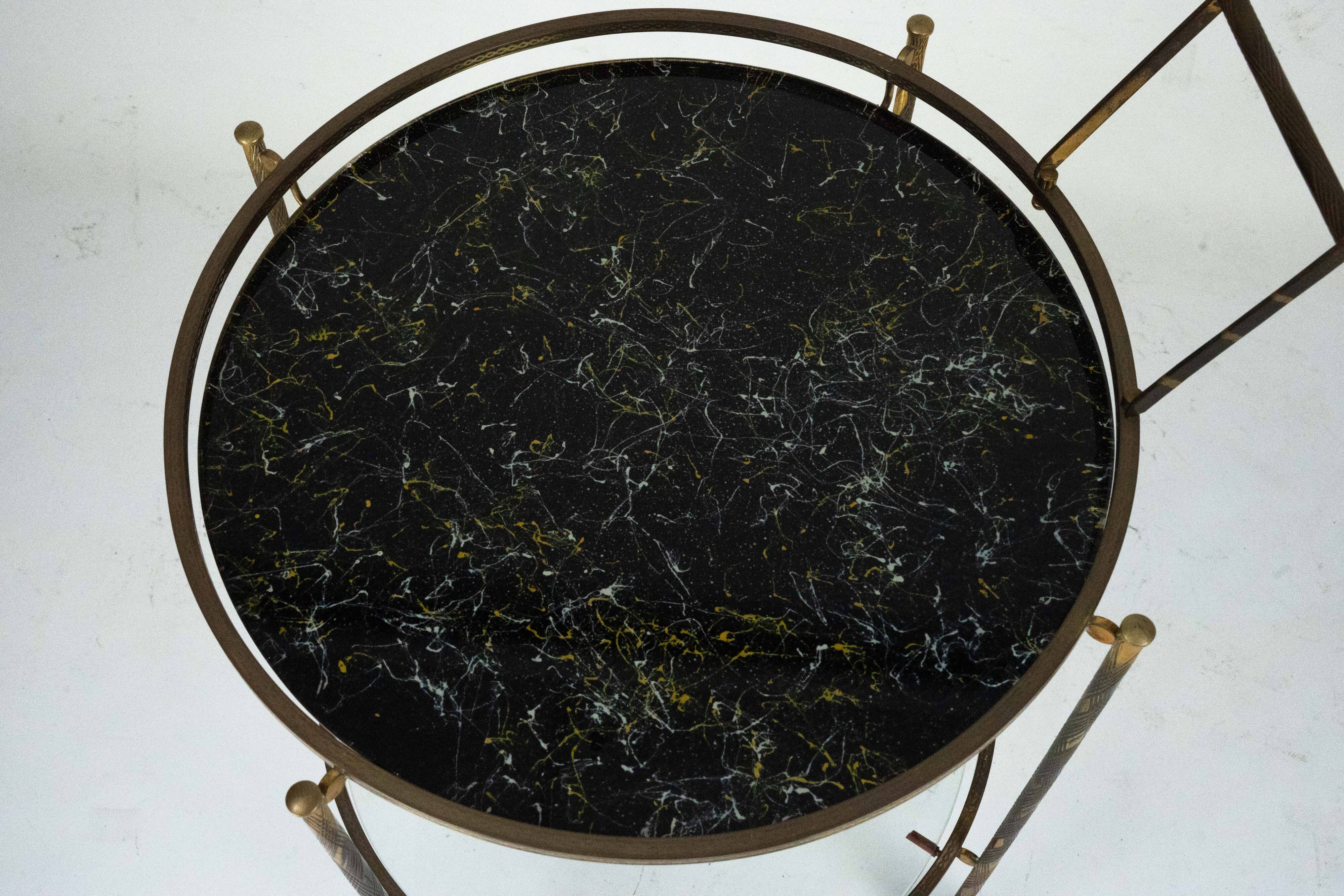 Round Mid-Century Brass and Marble-Effect Glass Bar Cart. Italy 1950s