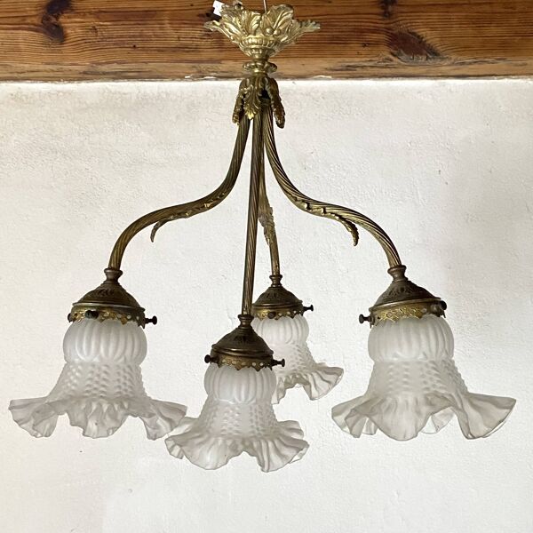 Lustre Empire 4 feux en bronze et tulipes en verre