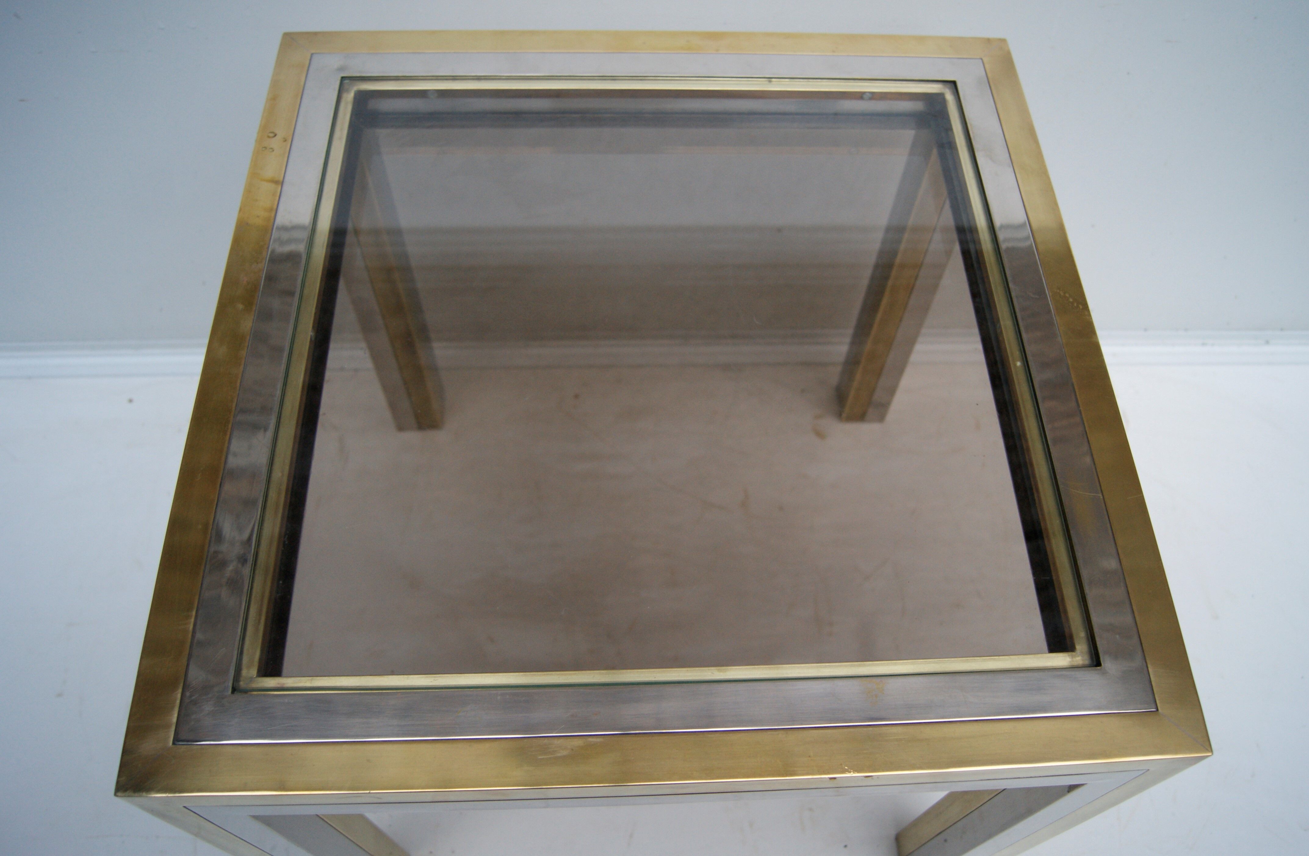 Piece of sofa coffee table brass chrome, brass. 2 glass trays. Italy 1970's