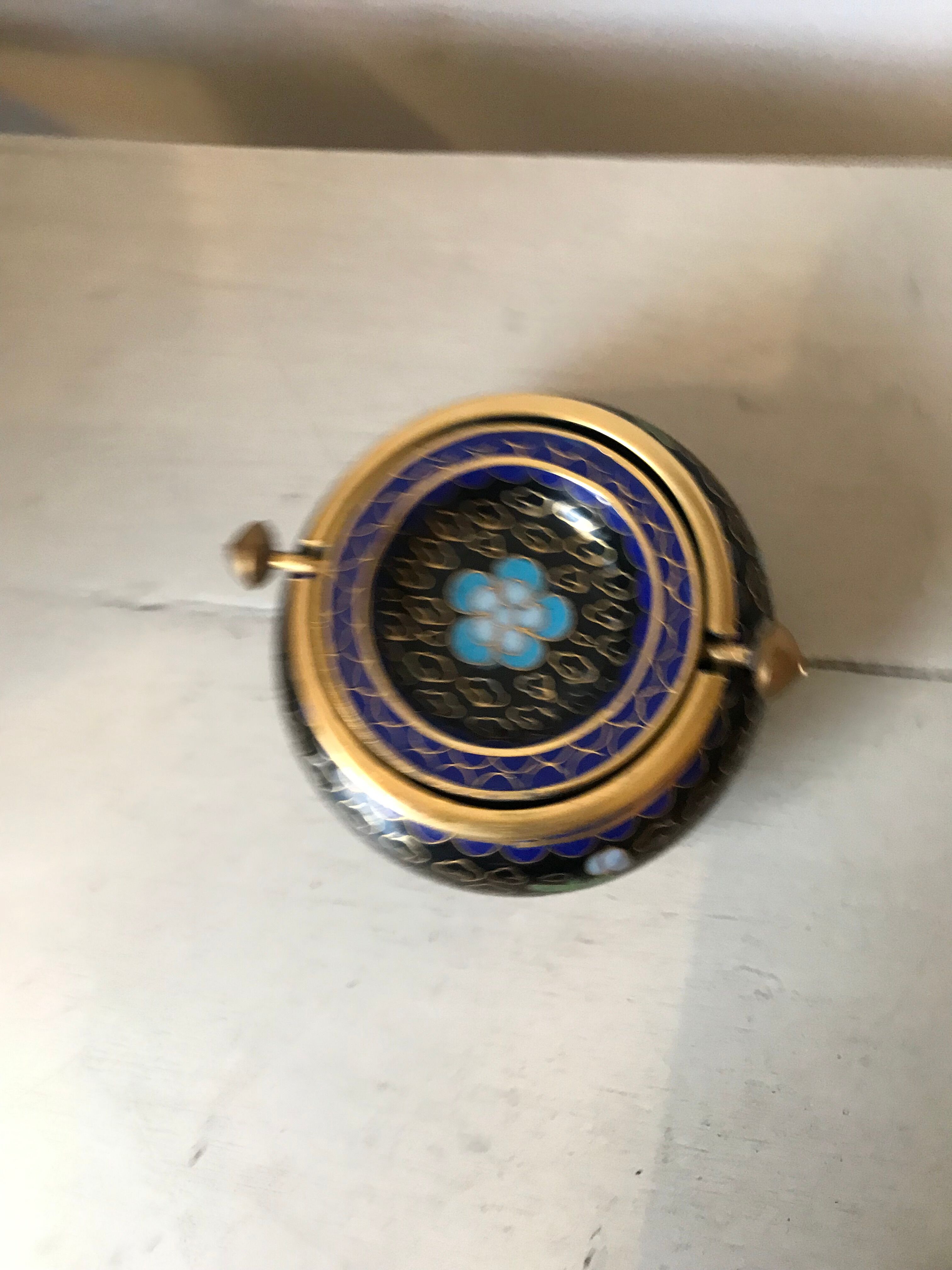 Ashtray burns incense in bronze enamelled floral decoration forget-me-not tones blue and black