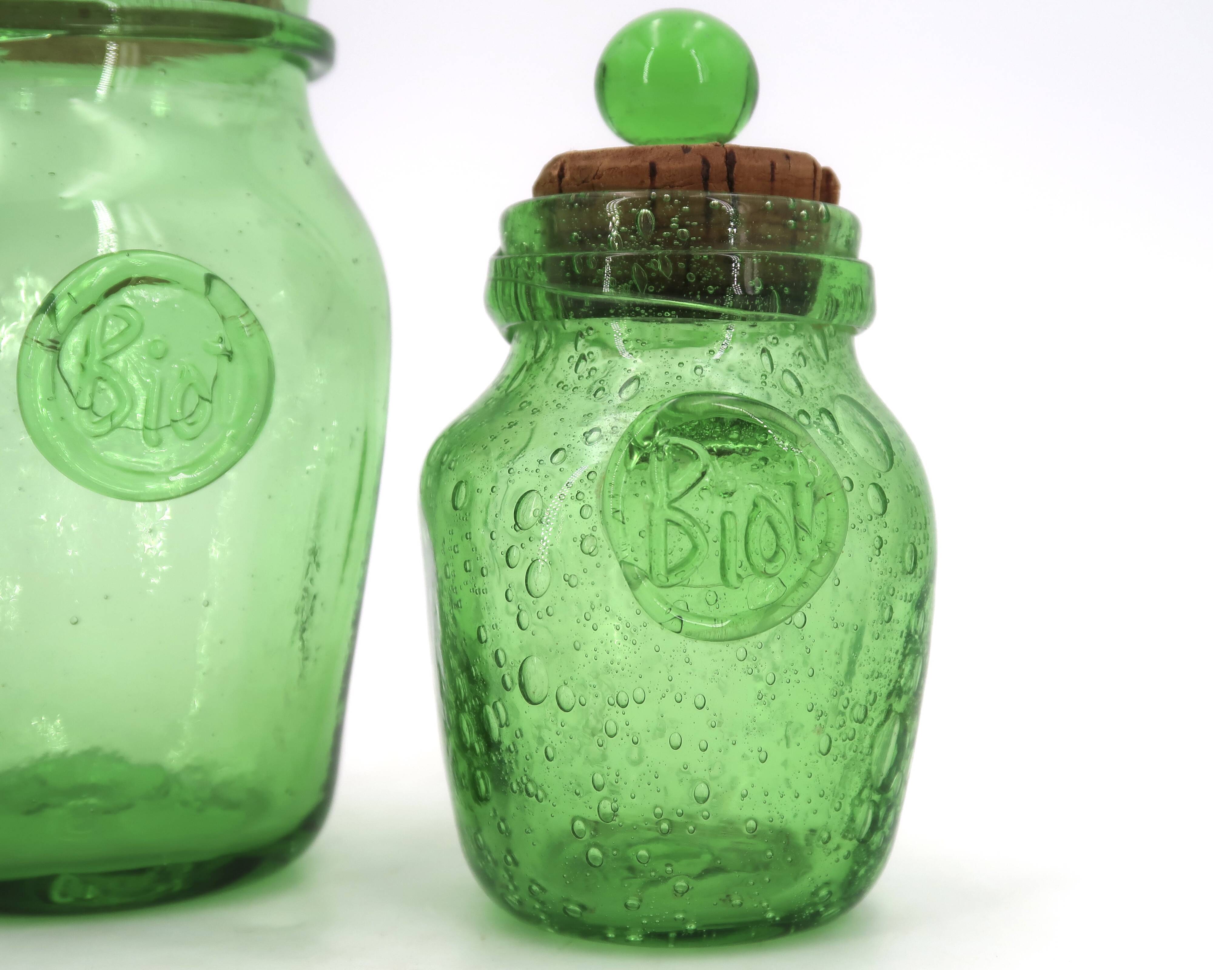 Two green bubble glass sweet jars from Biot, 1960s.