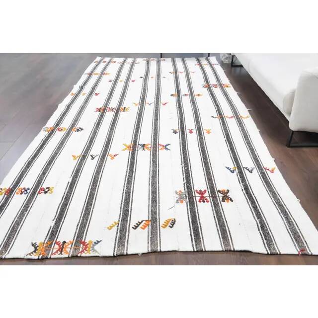 Vintage Turkish Oushak Handmade Wool Cotton White Kilim Area Rug 170x330