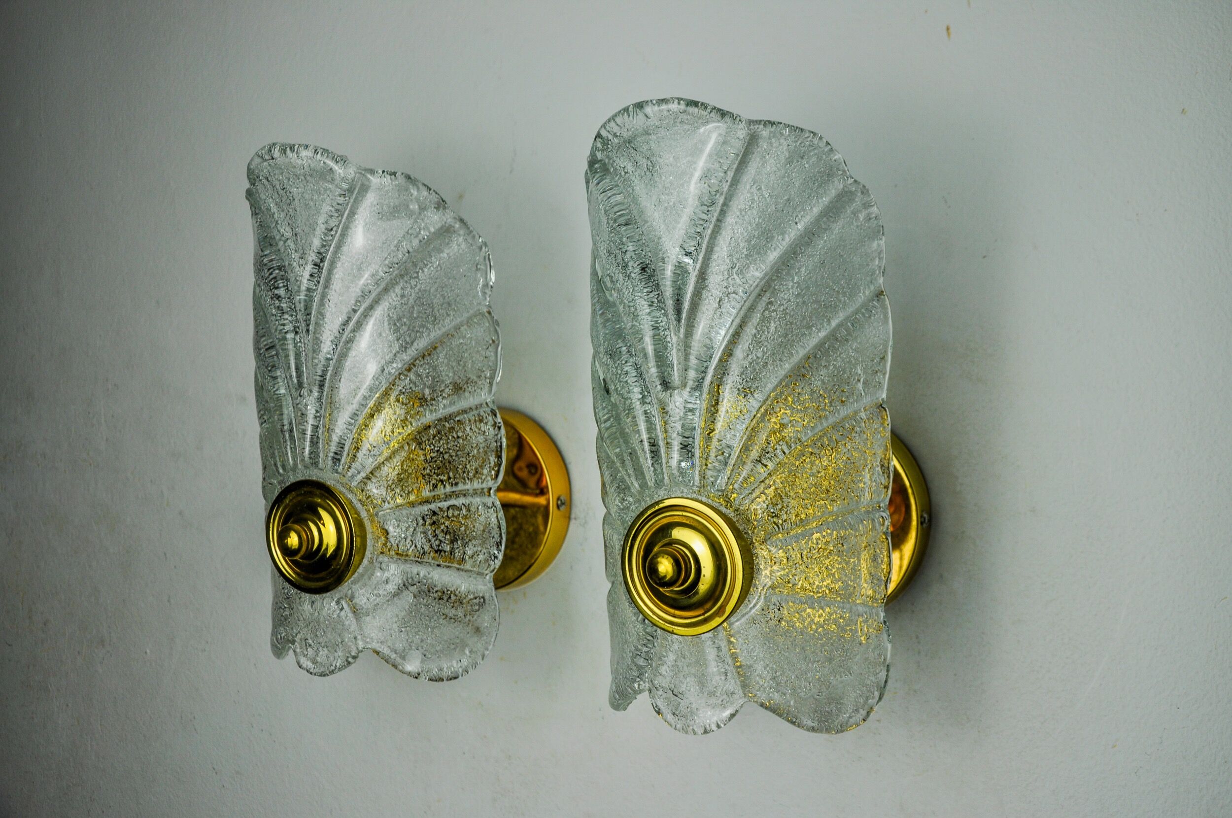 Pair of frosted leaf sconces, murano glass, italy, 1970