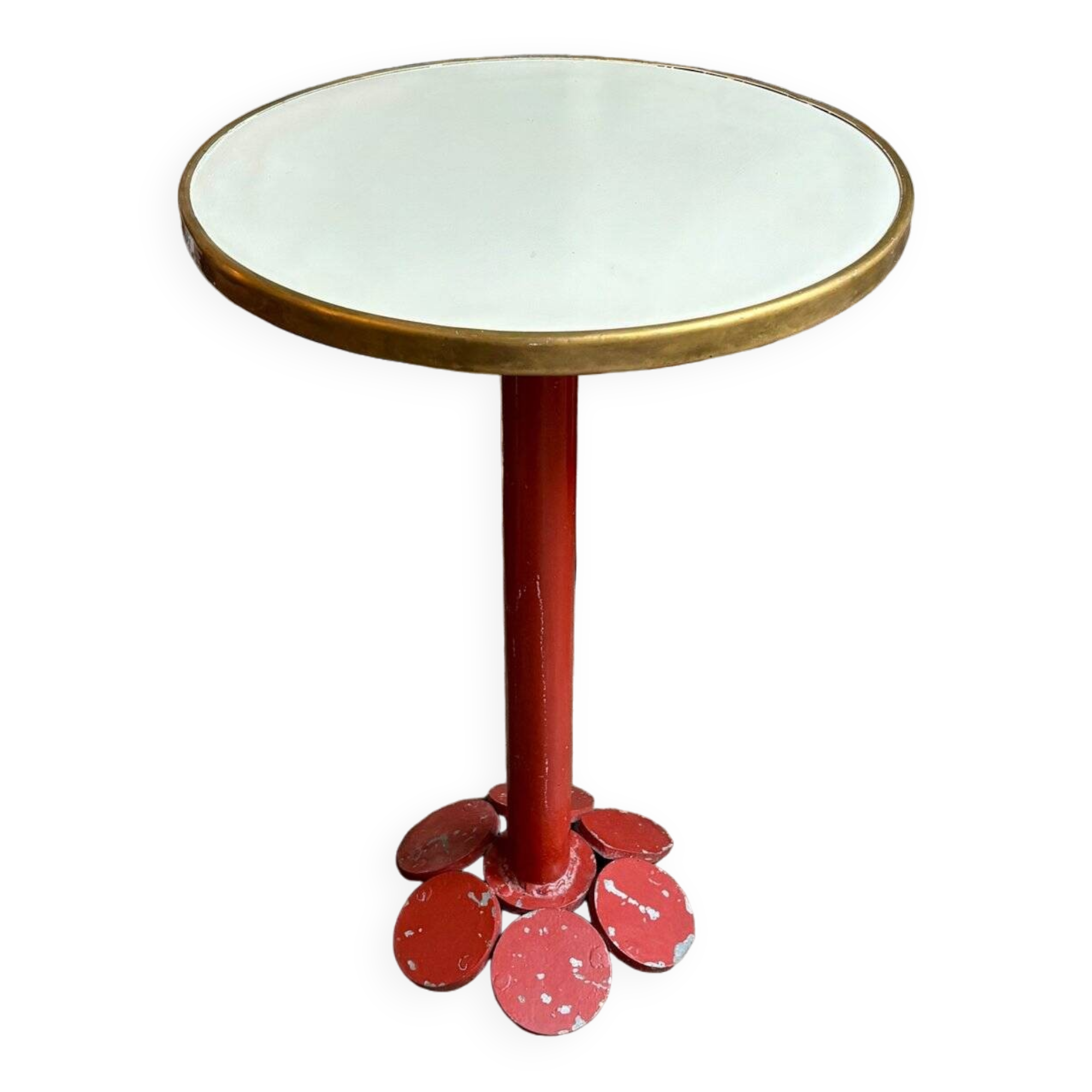 Table bistrot en métal bordeaux et mélaminé écru
