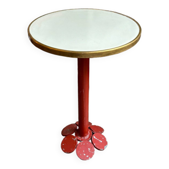 Table bistrot en métal bordeaux et mélaminé écru