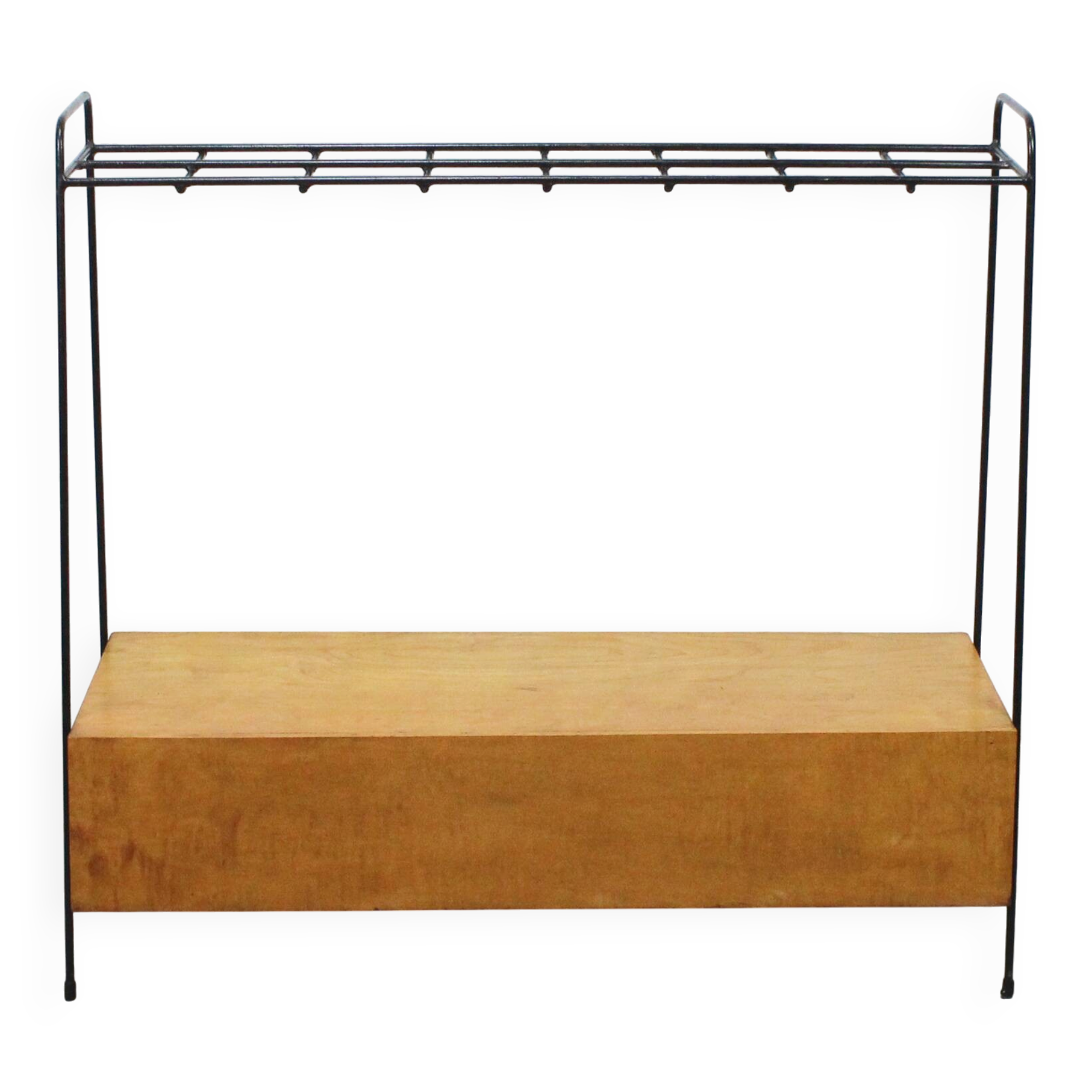 Vintage wood and lacquered metal storage unit.