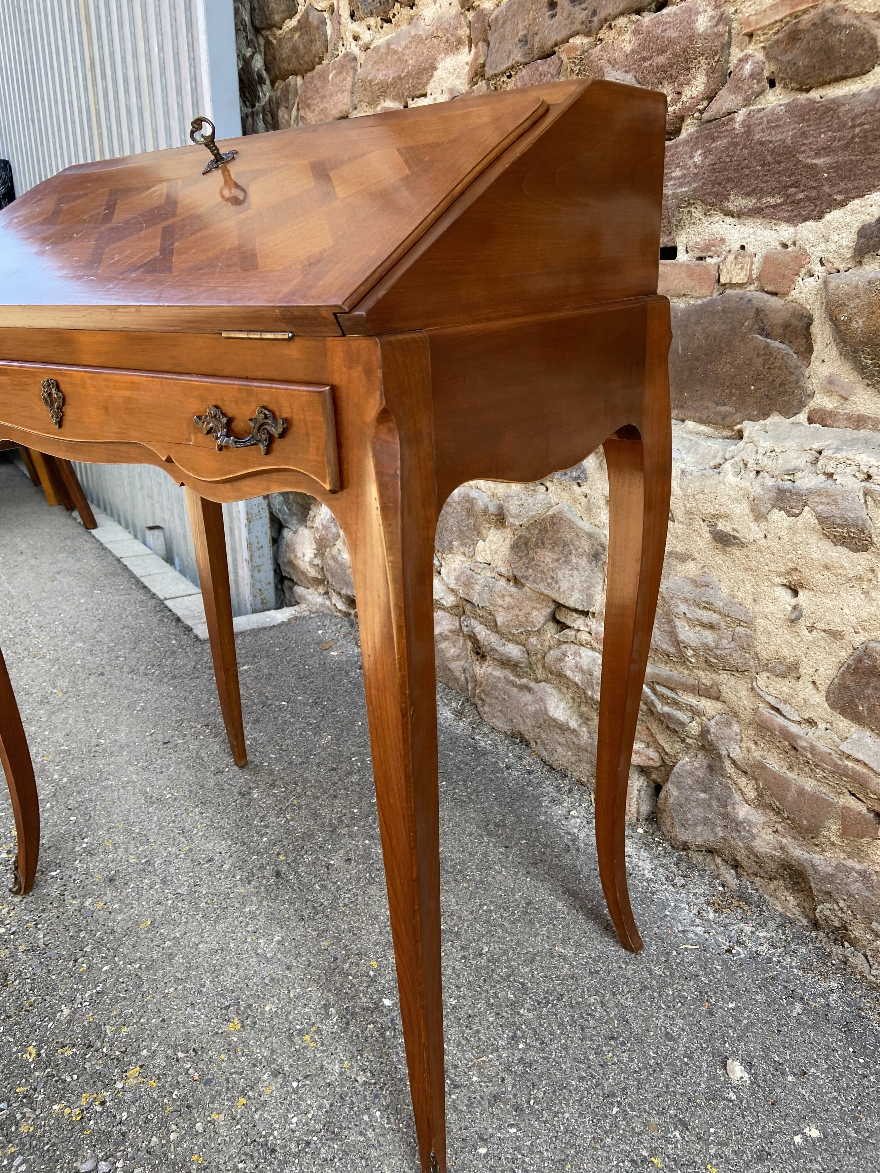 Louis XV style cherry wood Dos d'Âne scriban slope desk 1970