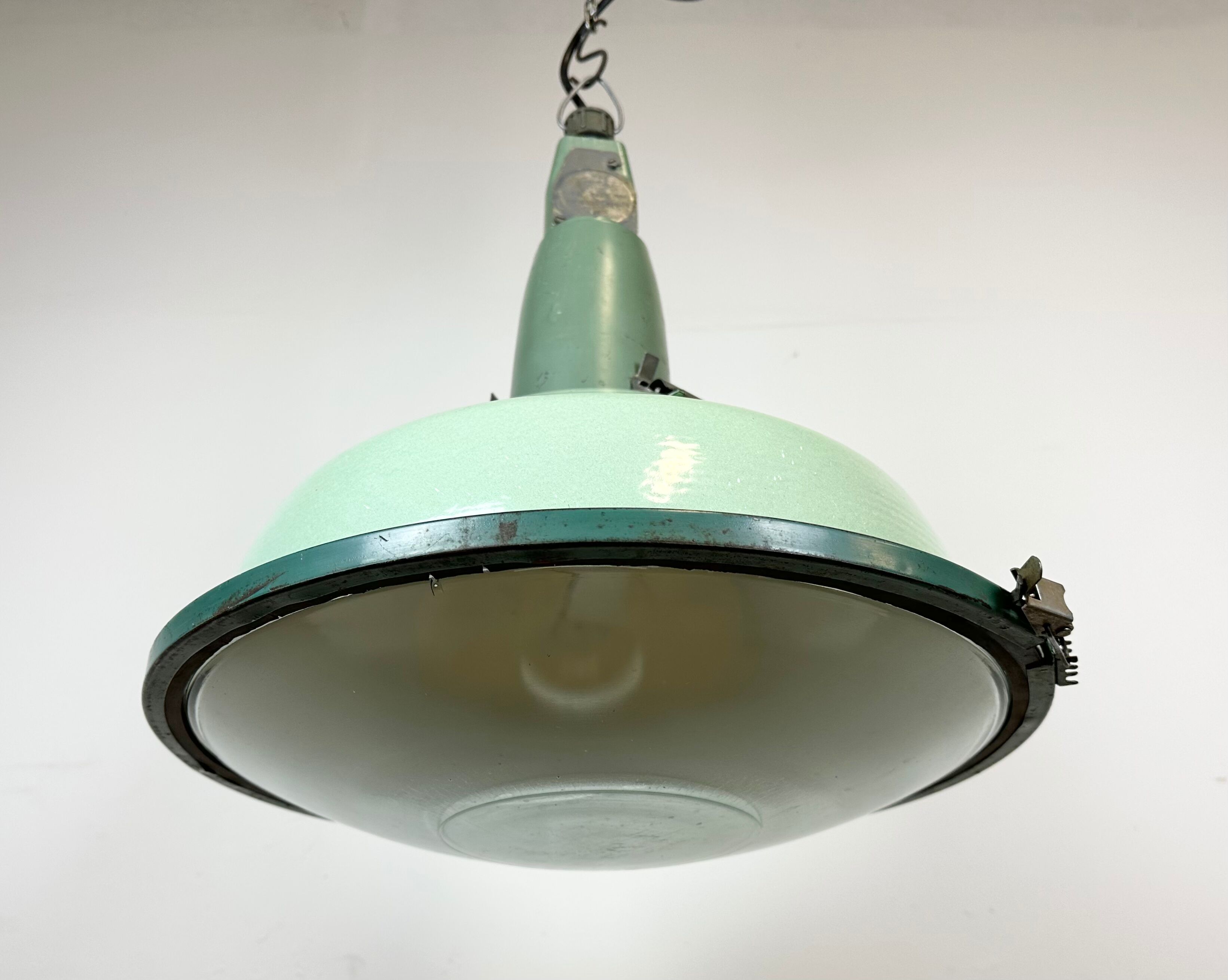 Industrial soviet green enamel pendant light with glass cover, 1960s