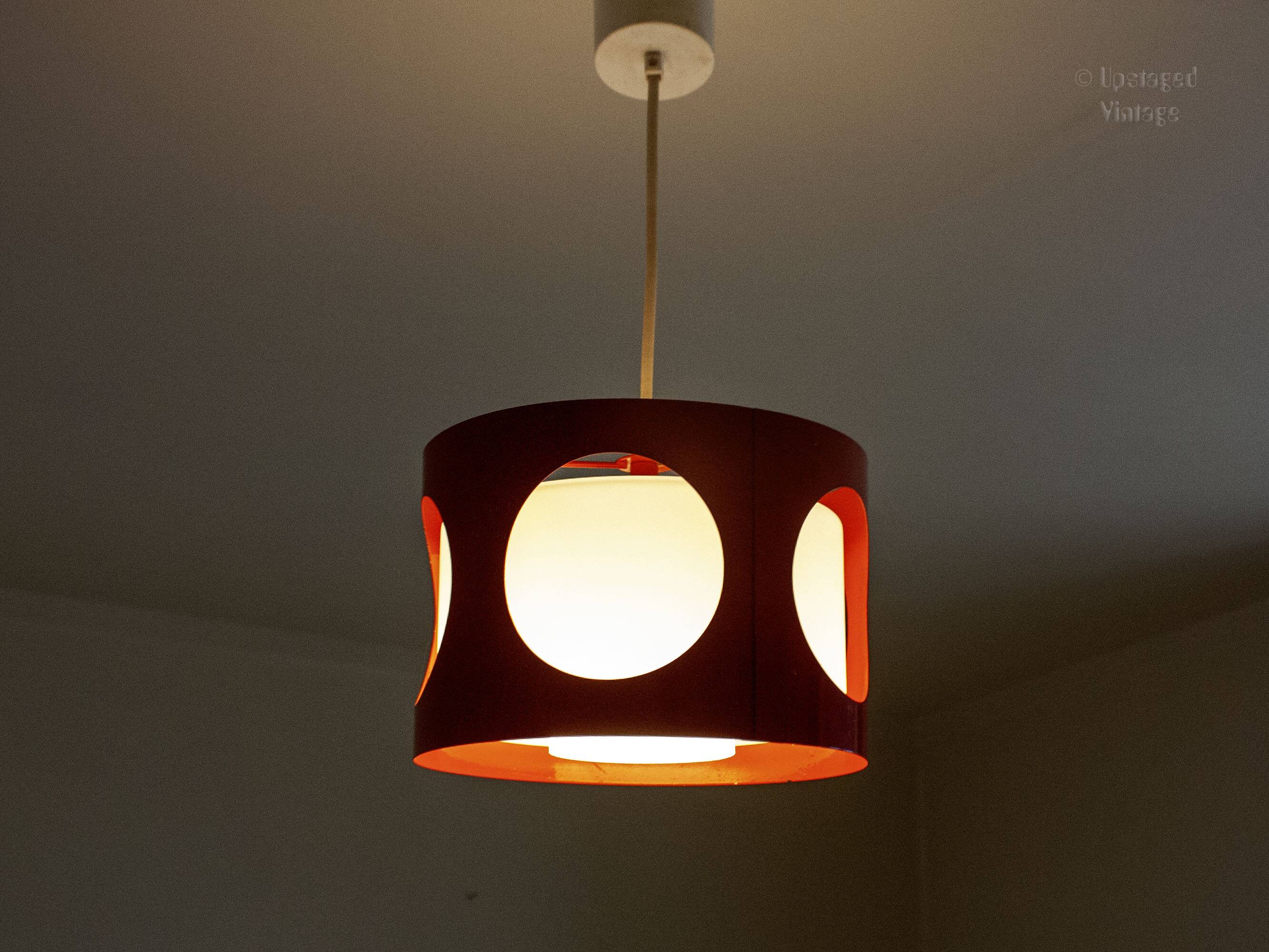 Vintage UFO ceiling light in red metal and white glass