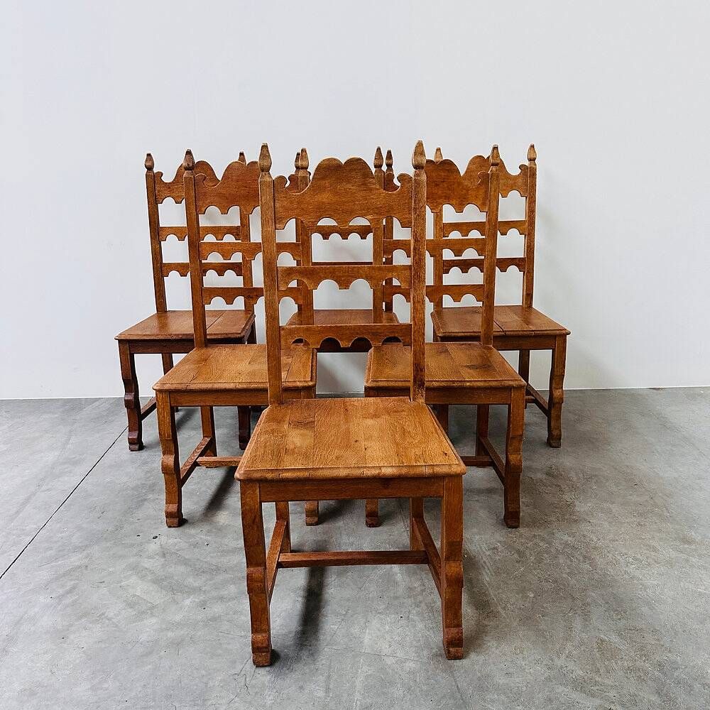 Set of 6 vintage solid oak high-back dining chairs – rustic European / Spanish revival