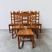 Set of 6 vintage solid oak high-back dining chairs – rustic European / Spanish revival